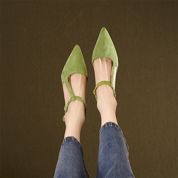 Order Luiza Barcelos 皮革 時尚尖頭搭扣 細跟高跟鞋 7公分 女款 草綠色