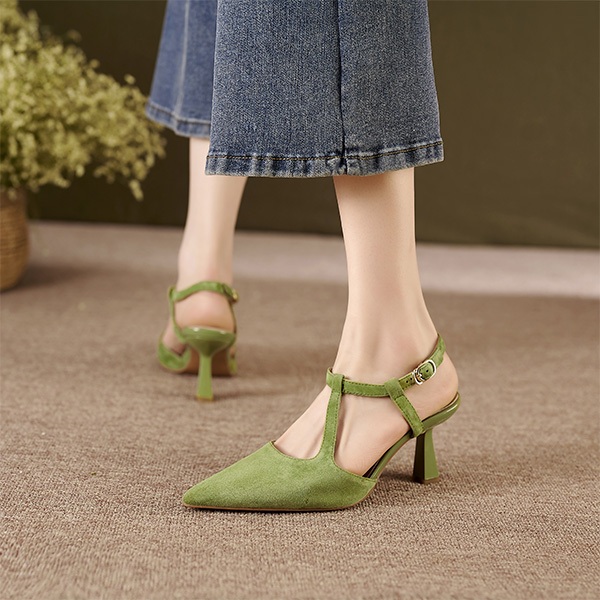 Lookbook Luiza Barcelos 皮革 時尚尖頭搭扣 細跟高跟鞋 7公分 女款 草綠色