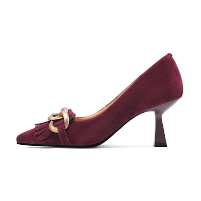 (W) Luiza Barcelos Suede Pointed Tassel Metal Buckle Stiletto 'Burgundy'
