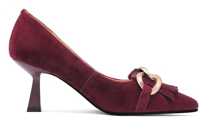 (W) Luiza Barcelos Hak Tinggi Suede Jumbai Gesper Metal 'Burgundy' X900908 Order (W) Luiza Barcelos Hak Tinggi Suede Jumbai Gesper Metal 'Burgundy' X900908