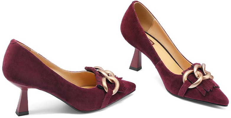 (W) Luiza Barcelos Hak Tinggi Suede Jumbai Gesper Metal 'Burgundy' X900908 Shop (W) Luiza Barcelos Hak Tinggi Suede Jumbai Gesper Metal 'Burgundy' X900908