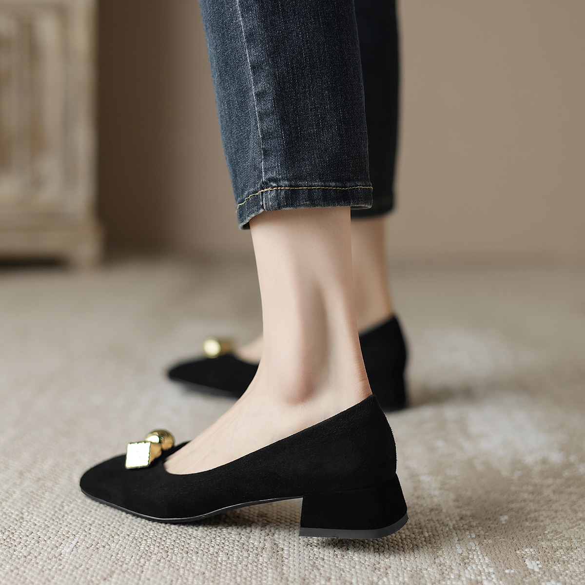 Order (Women) Luiza Barcelos Velvet Square Toe Casual Flat 'Black Sheepskin' X901969