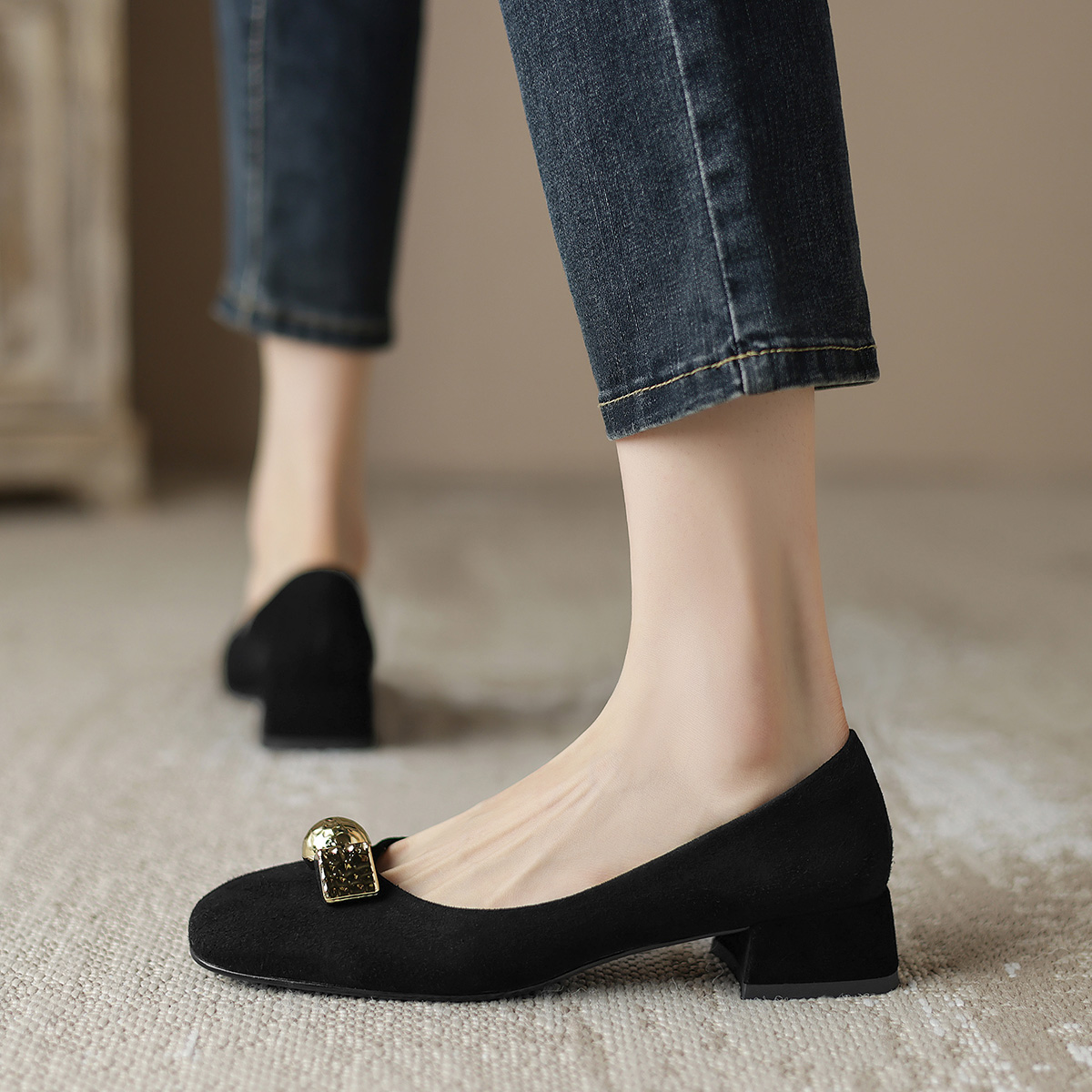 Shop (Women) Luiza Barcelos Velvet Square Toe Casual Flat 'Black Sheepskin' X901969