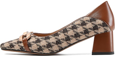 (Women) Luiza Barcelos Vintage Houndstooth Metal Buckle Chunky Heel 'Brown' X901922 (Women) Luiza Barcelos Vintage Houndstooth Metal Buckle Chunky Heel 'Brown' X901922