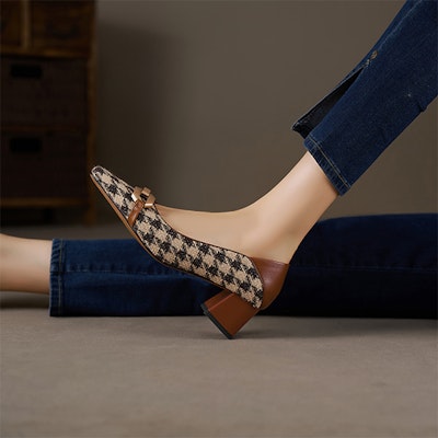 (Women) Luiza Barcelos Vintage Houndstooth Metal Buckle Chunky Heel 'Brown' X901922 Purchase (Women) Luiza Barcelos Vintage Houndstooth Metal Buckle Chunky Heel 'Brown' X901922