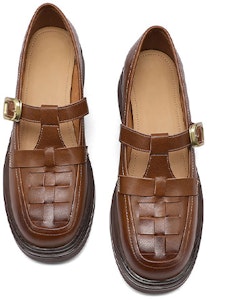 Luiza Barcelos 編織圓頭金屬搭扣粗跟 休閒單鞋 女款 棕色 Shop Luiza Barcelos 編織圓頭金屬搭扣粗跟 休閒單鞋 女款 棕色