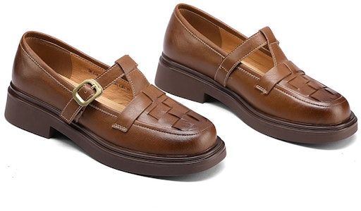 Luiza Barcelos 編織圓頭金屬搭扣粗跟 休閒單鞋 女款 棕色 Purchase Luiza Barcelos 編織圓頭金屬搭扣粗跟 休閒單鞋 女款 棕色