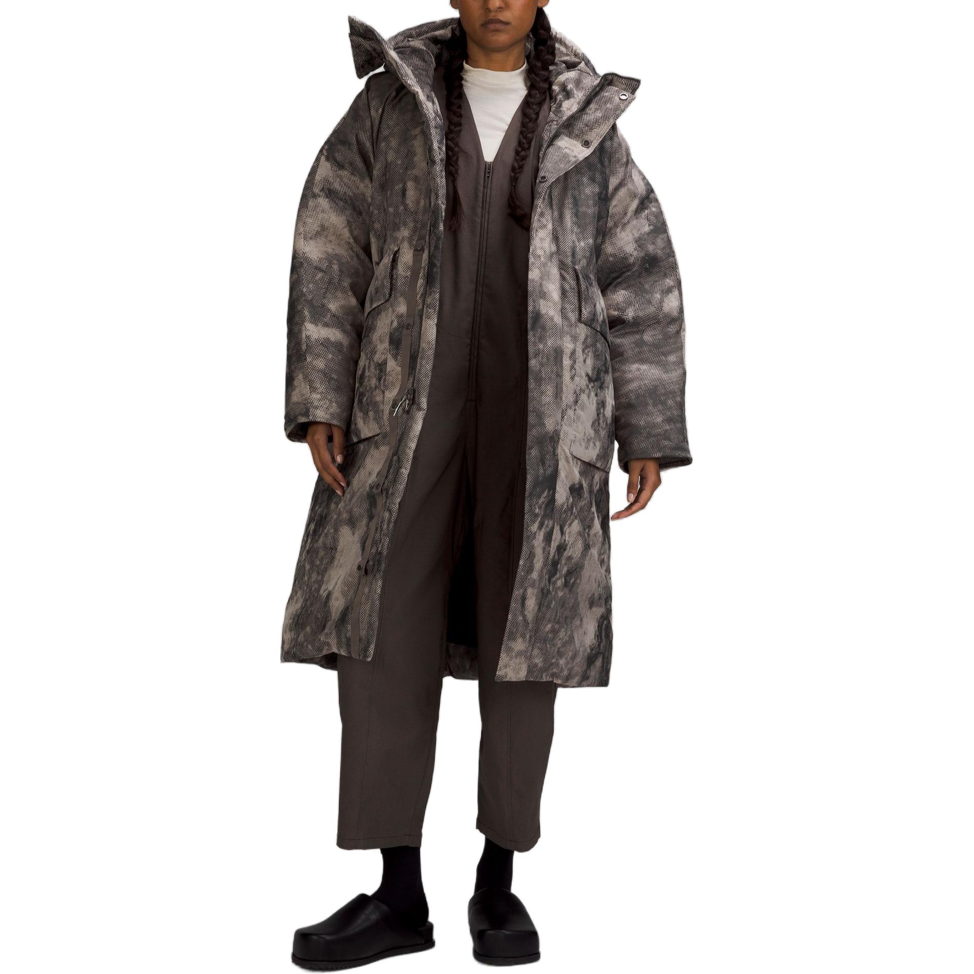 (Women) Lululemon LAB  Tie-Dye Down-Fill Hooded Long Jacket Phantom Jacquard Brown. LW4BXAS