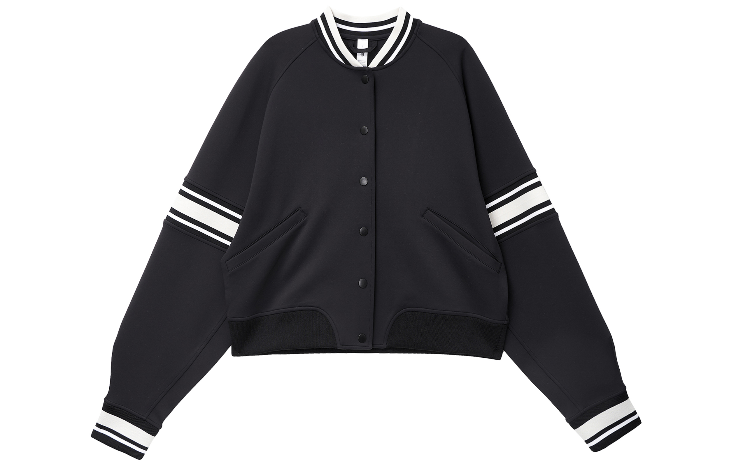 Order (W) Lululemon Jaket Varsity Cropped Hitam Striped Loose Fit Snap-Front LW3HFFS