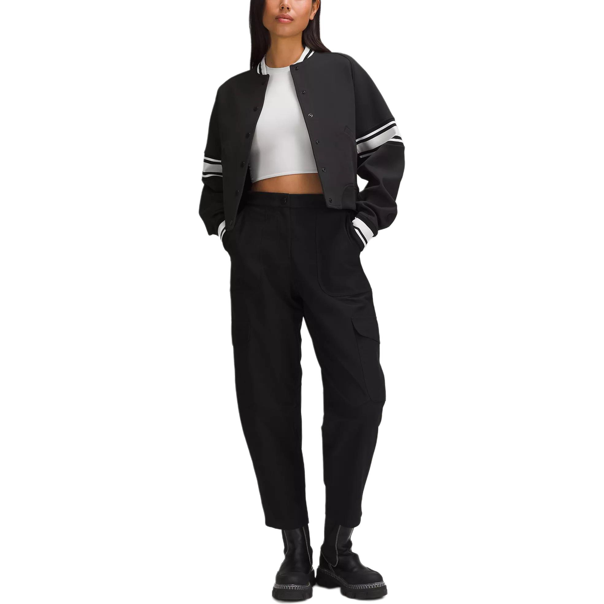 Shop (W) Lululemon Jaket Varsity Cropped Hitam Striped Loose Fit Snap-Front LW3HFFS