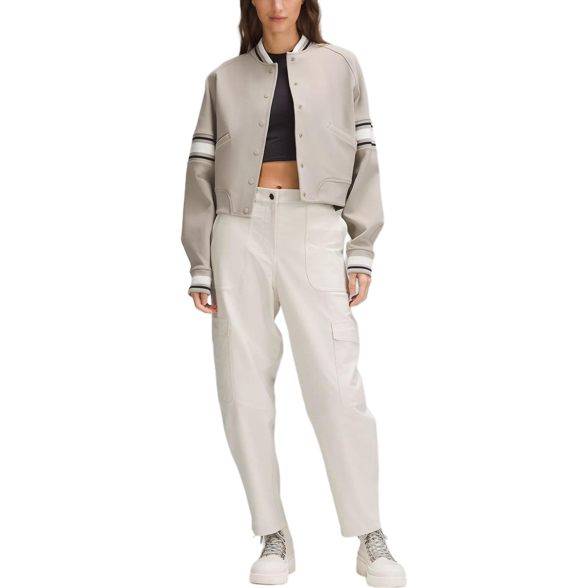 Cheap (W) Lululemon Jaket Varsity Cropped Hitam Striped Loose Fit Snap-Front LW3HFFS