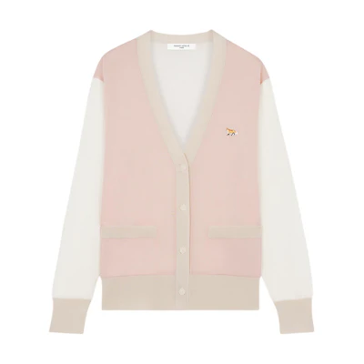 (Women) Maison Kitsune Ribbed V-Neck Cardigan with Fox Patch - Pasture Rose. MW00505KT1036-P628