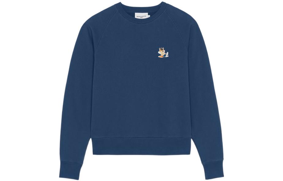 (Women) Maison Kitsune FW22 Blue Crewneck Pullover Sweatshirt with Fox Patch - Women JW00319KM0001-P468