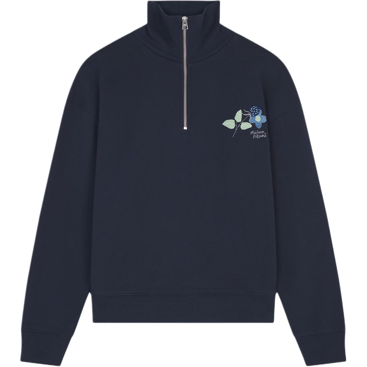 Order (W) Maison Kitsune FW24 Baju Sejuk Lengan Panjang Biru Tua Oversized Sulaman NW00305KM0325-P480