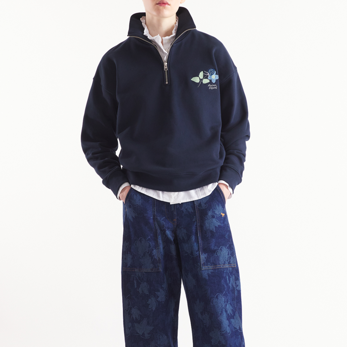 Shop (W) Maison Kitsune FW24 Baju Sejuk Lengan Panjang Biru Tua Oversized Sulaman NW00305KM0325-P480