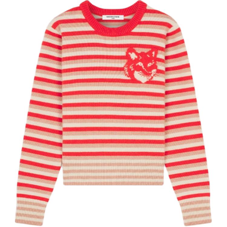 (Women) Maison Kitsune FW24 Classic Fox Head Striped Retro Knit Sweater Women Red White NW00804KM0329-0019