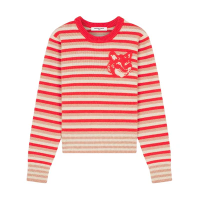 (Women) Maison Kitsune FW24 Classic Fox Head Striped Retro Knit Sweater Women Red White NW00804KM0329-0019