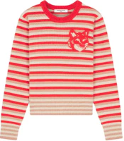 Order (W) 메종 키츠네 FW24 클래식 폭스 헤드 스트라이프 레트로 니트 스웨터 여성 레드 화이트 NW00804KM0329-0019