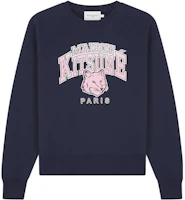 (Women) Maison Kitsune Navy Blue Pullover Sweatshirt with Printed Logo LW00301KM0001-P480 (Women) Maison Kitsune Navy Blue Pullover Sweatshirt with Printed Logo LW00301KM0001-P480