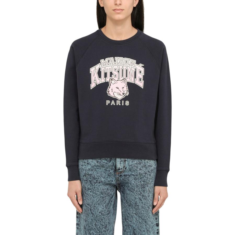 Shop (Women) Maison Kitsune Navy Blue Pullover Sweatshirt with Printed Logo LW00301KM0001-P480