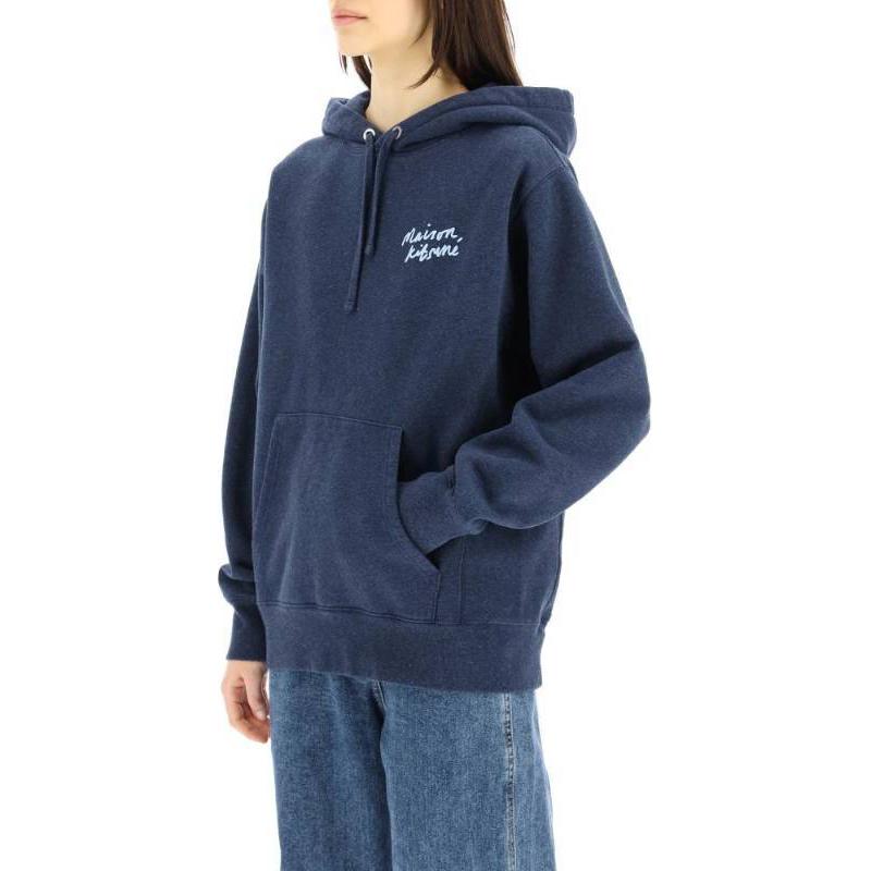 Purchase (W) Maison Kitsune SS22 Hoodie Biru dengan Rekaan Cetakan Logo Warna Solid IU00330KM0020NM