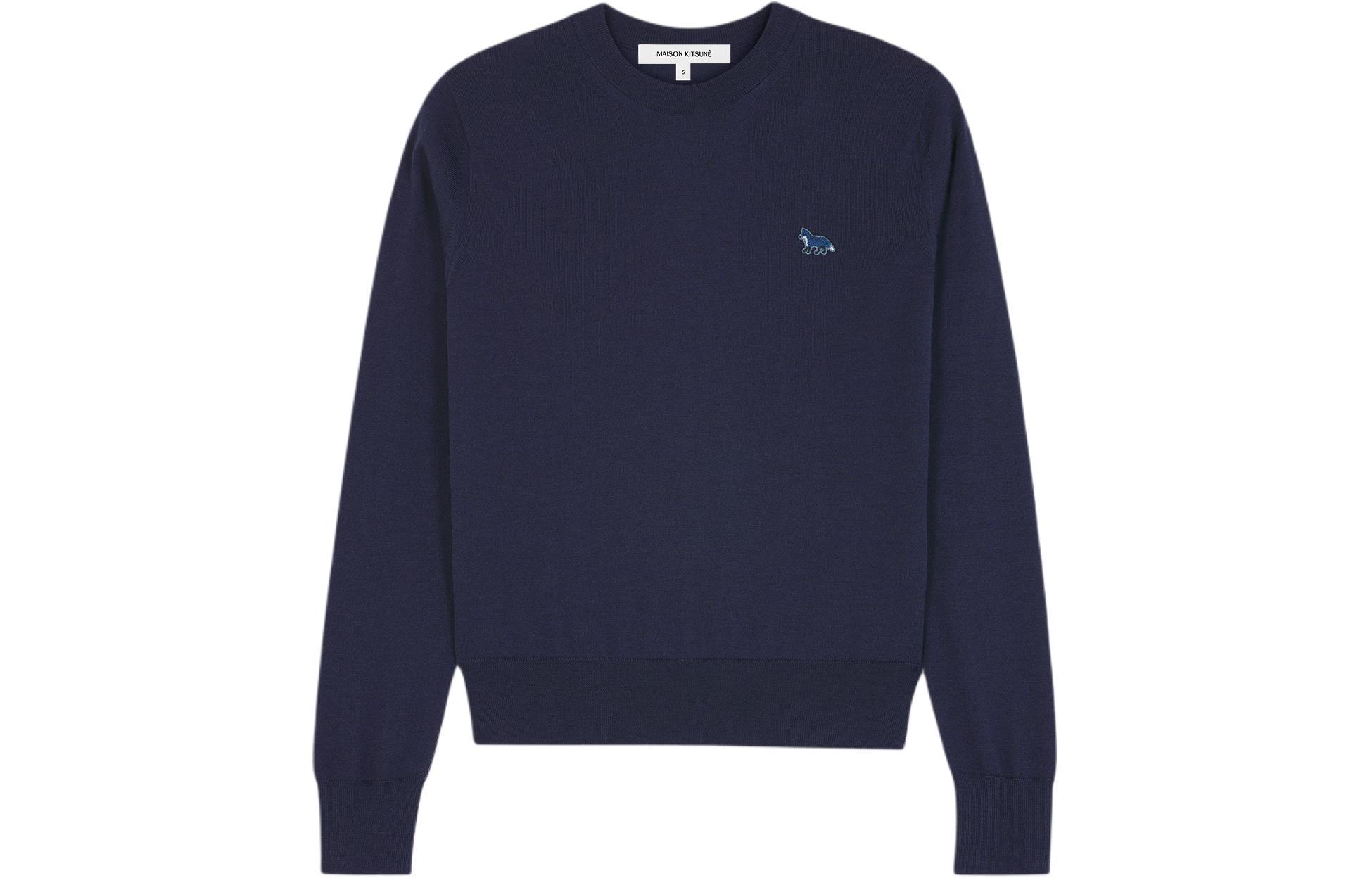 Order (W) Sweater Krewneck Maison Kitsune SS24 Biru Gelap dengan Fox Patch. MW00816KT1036-P492