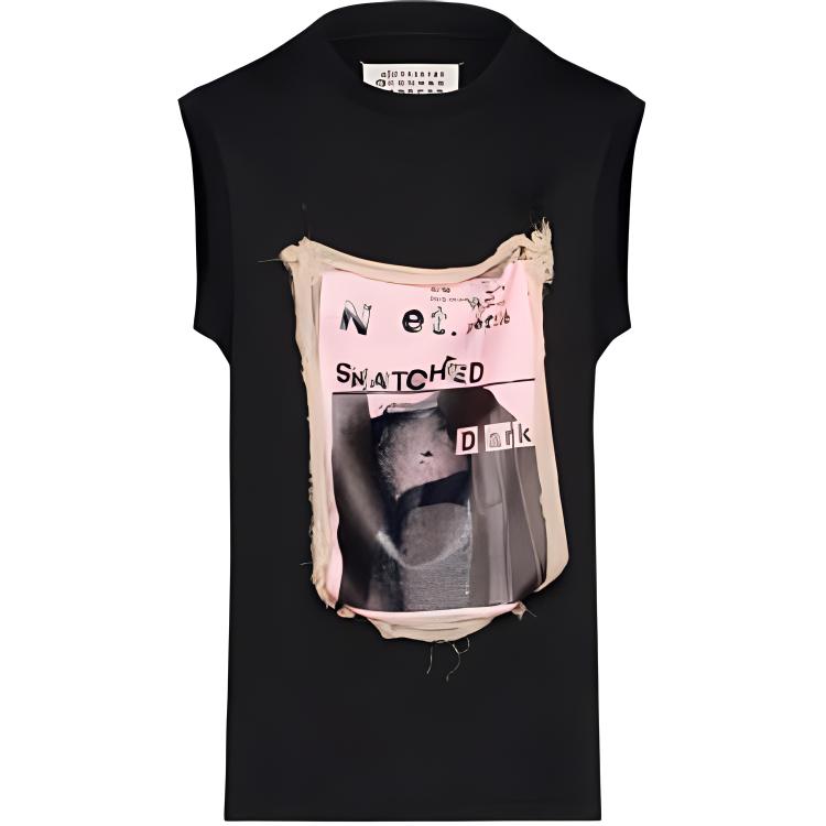 Order (W) Maison Margiela Kaos Tanpa Lengan Hitam Merah Muda Letter Print Crewneck S51GC0528S24575965