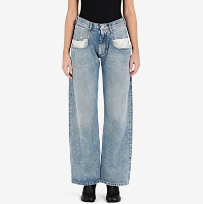 (W) Maison Margiela Jeans Azul de Talle Alto Acampanados Patchwork Desgastados. S51LA0052S30513470 Details for (W) Maison Margiela Jeans Azul de Talle Alto Acampanados Patchwork Desgastados. S51LA0052S30513470