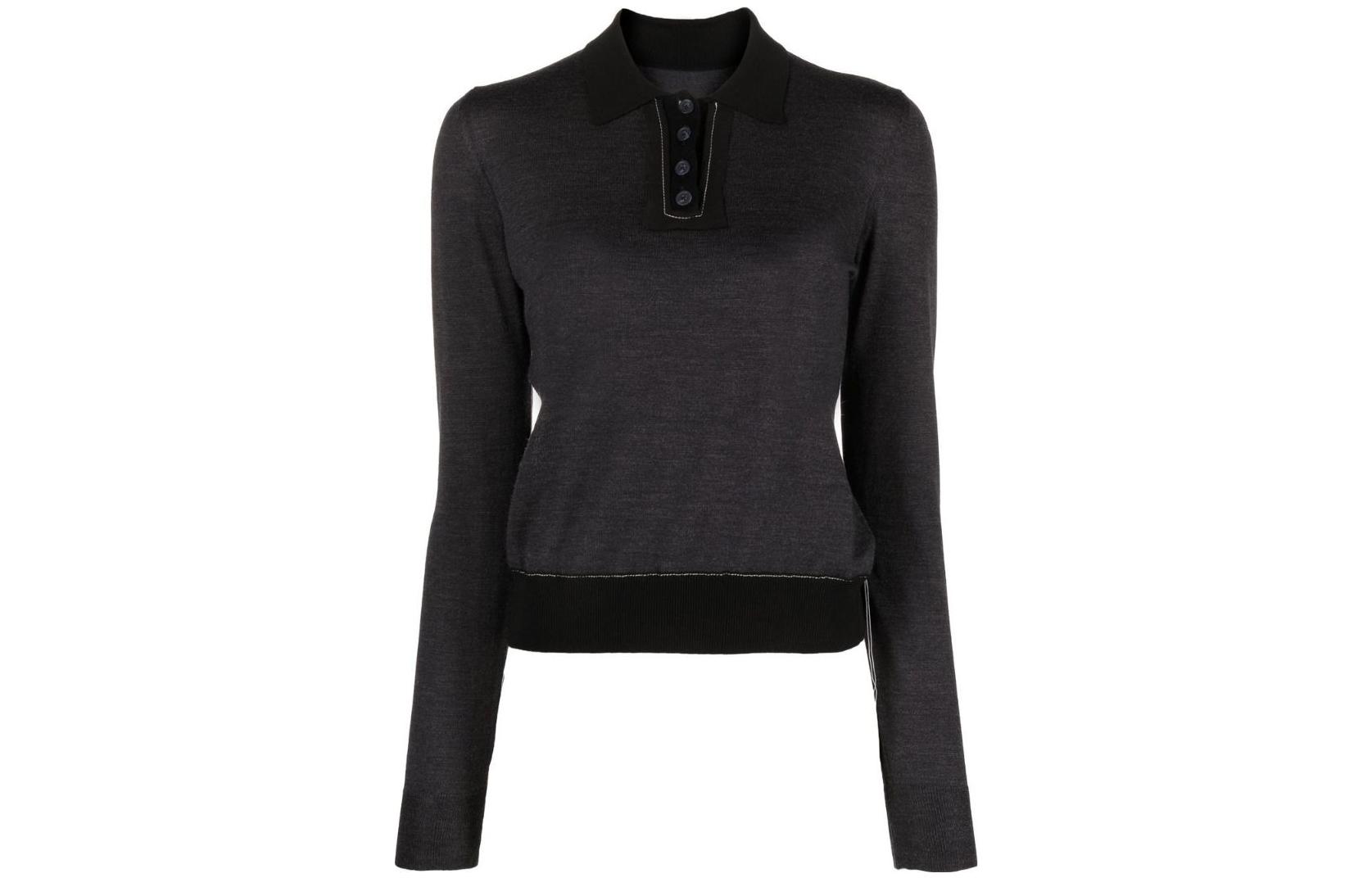 Order (W) Maison Margiela FW22 Atasan Knit Lengan Panjang Polo Warna Solid Abu Gelap SI0GL0001S17800