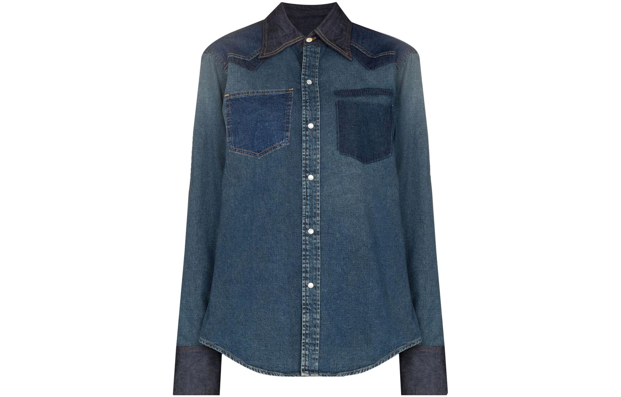 (Women) Maison Margiela SS22  Blue Colorblock Button-Up Denim Shirt. S50DL0503S30815