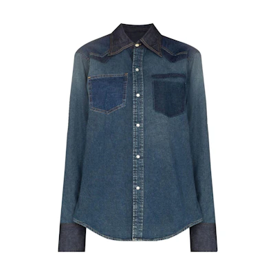 (Women) Maison Margiela SS22 Blue Colorblock Button-Up Denim Shirt. S50DL0503S30815