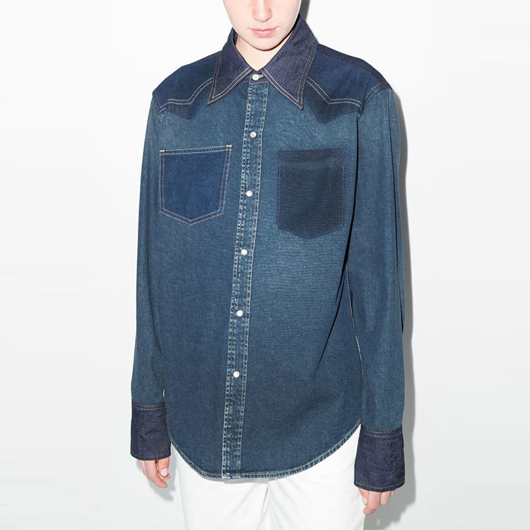 Purchase (W) Maison Margiela SS22 藍色拼色牛仔襯衫按钮式开襟设计。 S50DL0503S30815