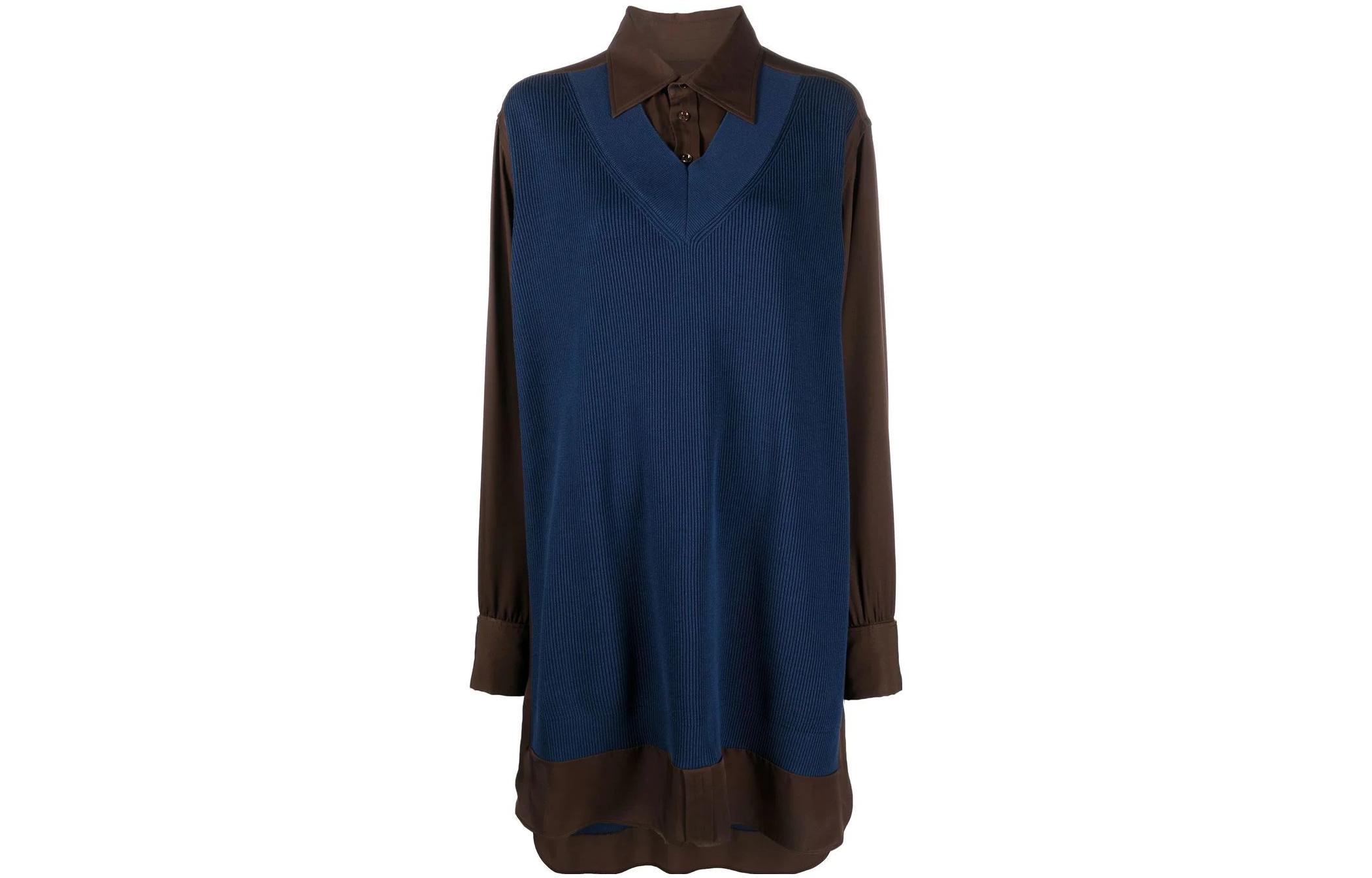 (Women) Maison Margiela SS22  Long-Sleeve Shirt Blue/Brown Dual Tone Collared Casual. S51DL0391S52892144