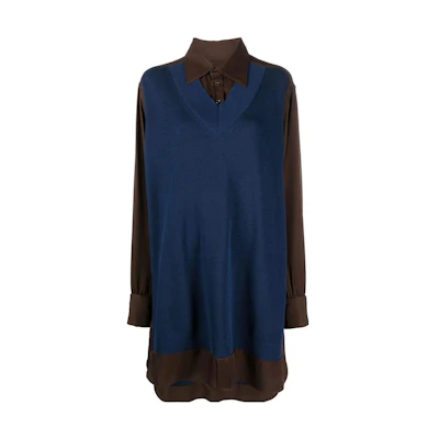 (Women) Maison Margiela SS22 Long-Sleeve Shirt Blue/Brown Dual Tone Collared Casual. S51DL0391S52892144
