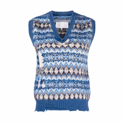 (Women) Maison Margiela SS22 Distressed V-Neck Sleeveless Wool Sweater Women Blue. S31GP0093S17905001J