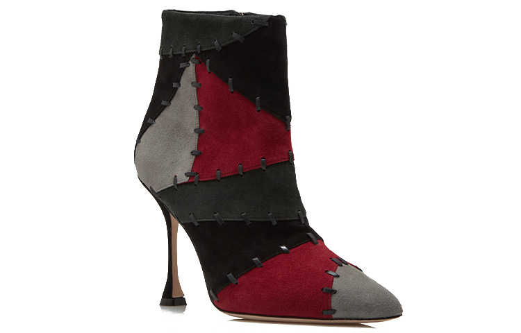 Order 精品設計師 MANOLO BLAHNIK 時尚絨面革拼布短靴 女款 黑灰紅