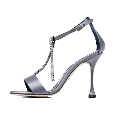 (W) Manolo Blahnik Buckle Round Toe High Heel 'Grey Ankle-Strap Sandal'