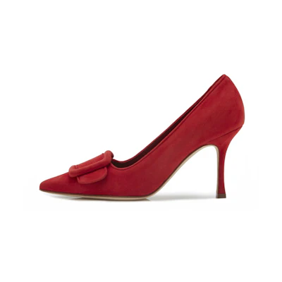 (W) Manolo Blahnik Buckle Velvet High Heel 'Red'
