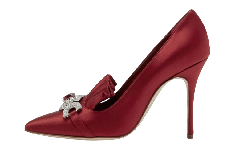 (Women) Manolo Blahnik Escora 'Deep Red Crystal Buckle Satin' 121-1389-0006