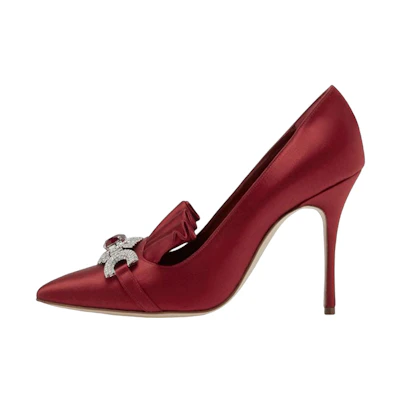 (W) Manolo Blahnik Escora 'Deep Red Crystal Buckle Satin'