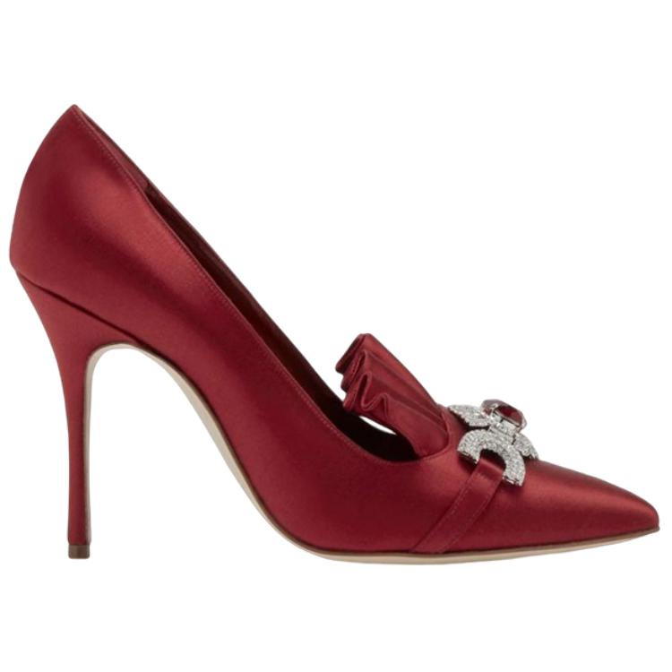 (W) Manolo Blahnik Escora 'Deep Red Crystal Buckle Satin' 圖 2