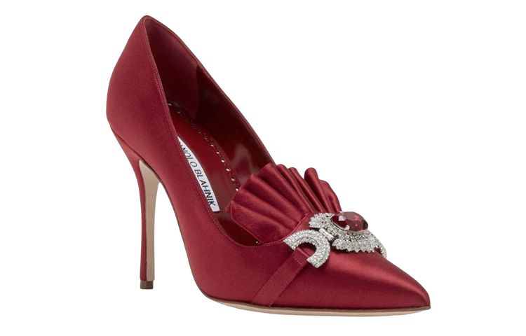 (W) Manolo Blahnik Escora 'Deep Red Crystal Buckle Satin' 圖 3