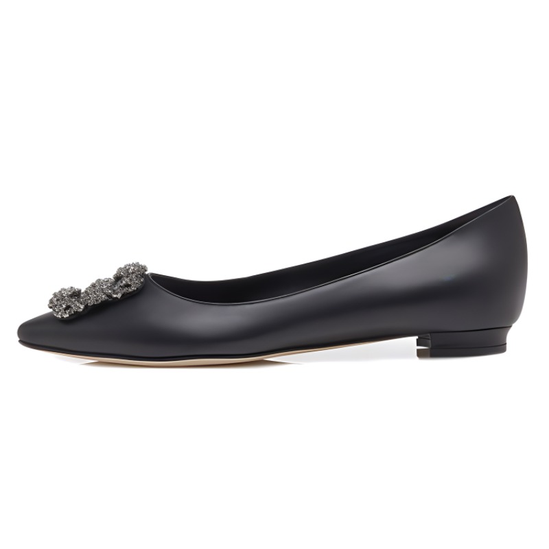 (W) Manolo Blahnik Flat 'Crystal Buckle Black Calfskin'