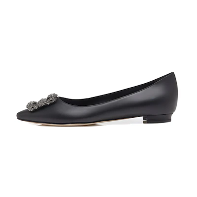 (W) Manolo Blahnik Flat 'Crystal Buckle Black Calfskin'