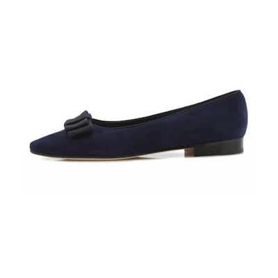 (W) Manolo Blahnik Flat 'Navy Blue Velvet Bow'