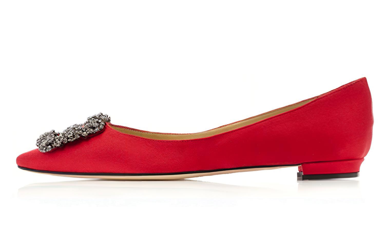 (W) Manolo Blahnik Flat 'Red Silk Velvet with Crystal Buckle'