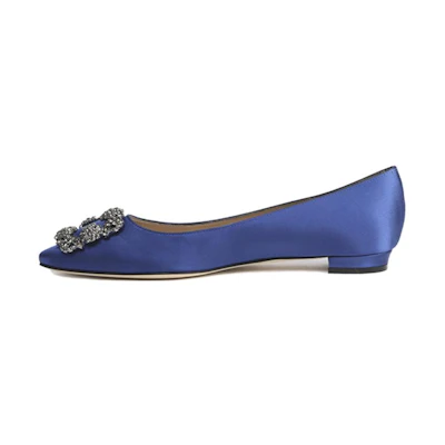 (W) Manolo Blahnik Flat 'Velvet Blue Crystal Buckle'