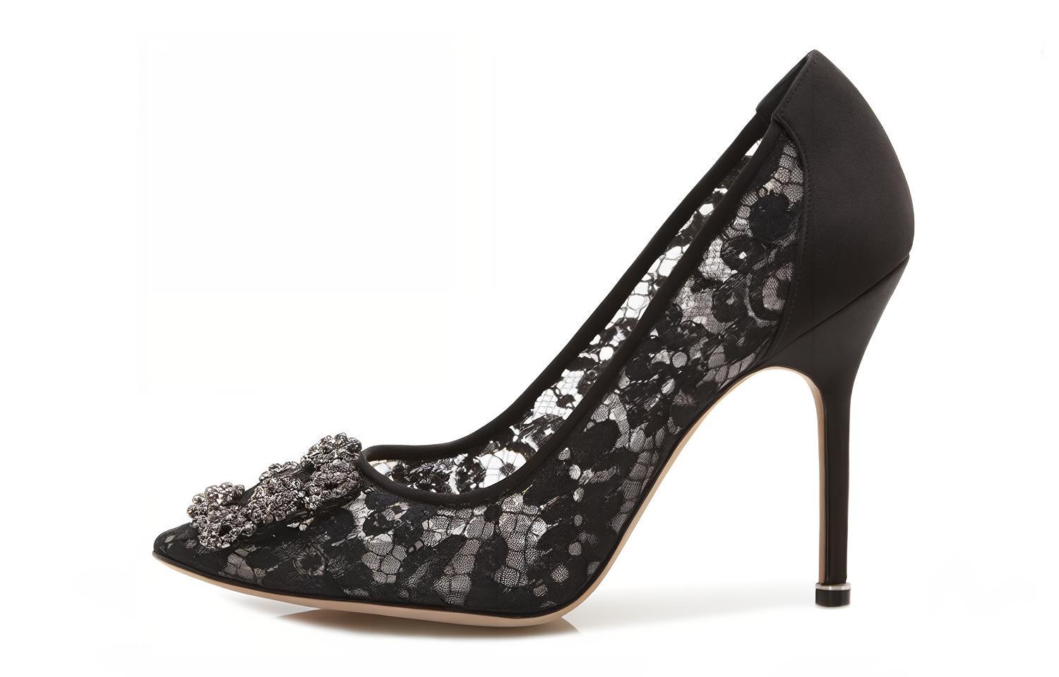 (Women) Manolo Blahnik Hangisi 'Black Lace Crystal Buckle' 9XX-0698-0014
