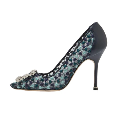 (W) Manolo Blahnik Hangisi 'Blue Lace Jewel Buckle'