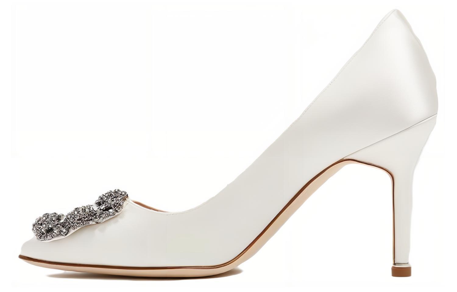 Buy MANOLO BLAHNIK 絲絨鑽扣 細跟 高跟鞋 女款 奶油白